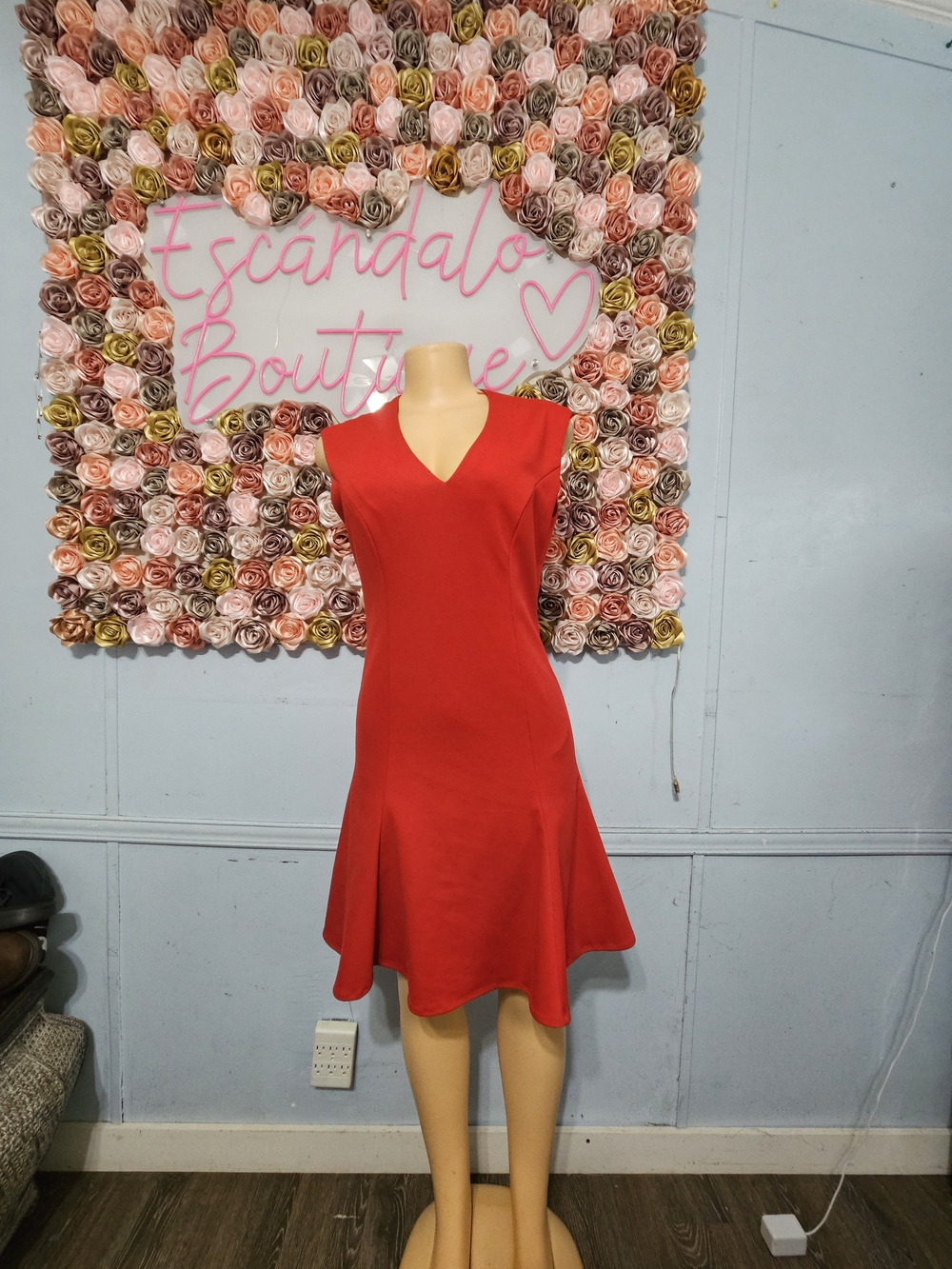 Tahari Red V-Neck Midi Flare Dress